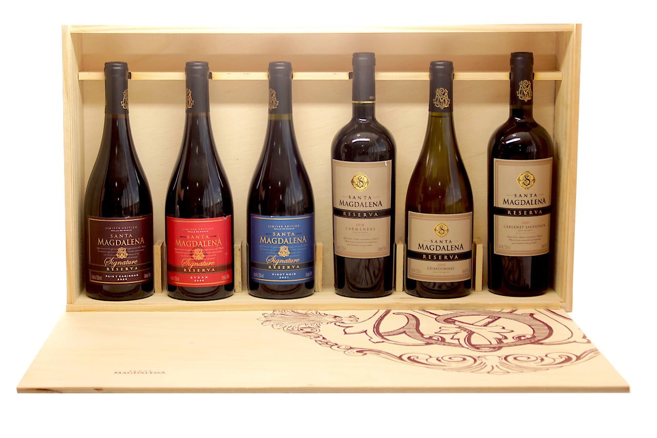 KIT CAIXA MADEIRA SANTA MAG. MISTO COM 6 GARRAFAS