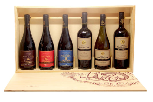 KIT CAIXA MADEIRA SANTA MAG. MISTO COM 6 GARRAFAS